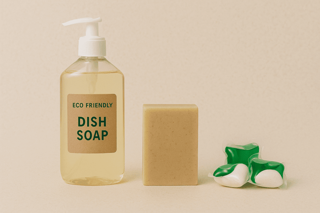 A bottle of eco-friendly liquid dish soap, a solid dish soap bar, and green dish soap pods displayed together, representing different types of sustainable dish soaps.