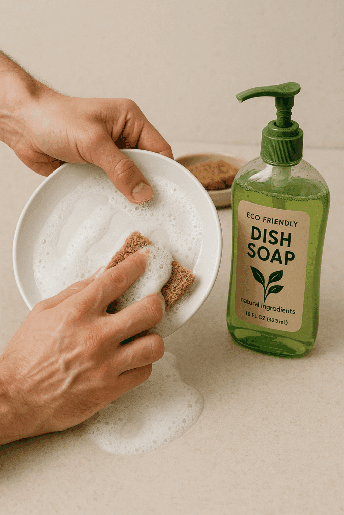 Hands scrubbing a white bowl with suds and a sponge, next to a bottle of eco-friendly dish soap, representing sustainable dishwashing.