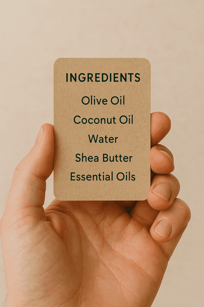 A hand holding a brown card listing natural ingredients like olive oil, coconut oil, and shea butter, symbolizing transparent and eco-friendly product formulations.